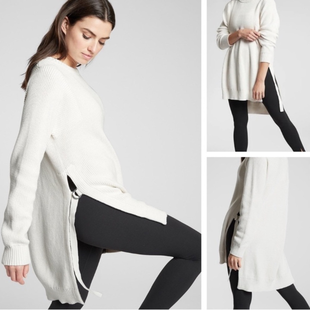 Athleta West End Ivory Cotton Pullover Sweater with D-ring side details Size XS